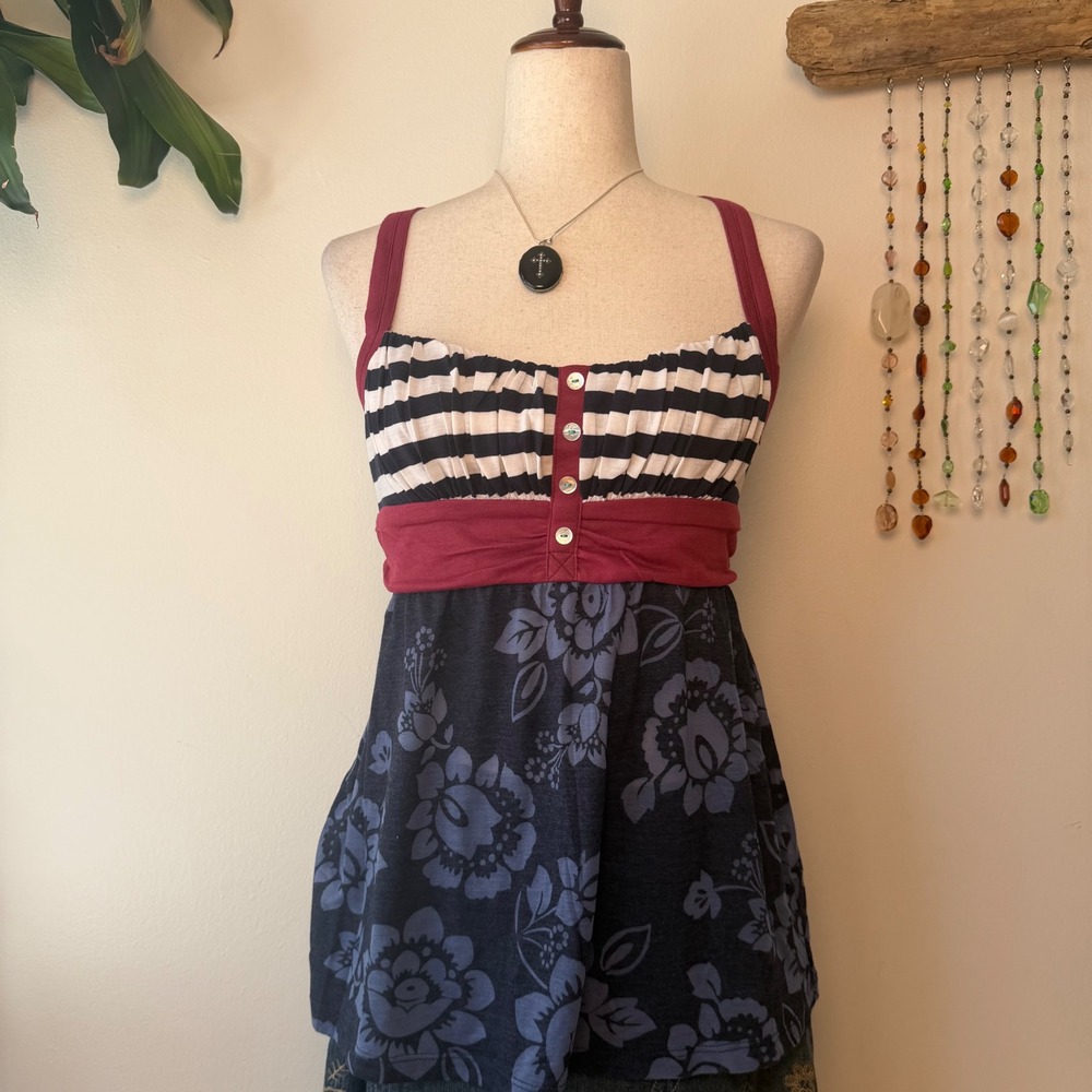 Rewind Y2K Striped Hibiscus Floral Babydoll Cami Top Retro Indie McBling Large